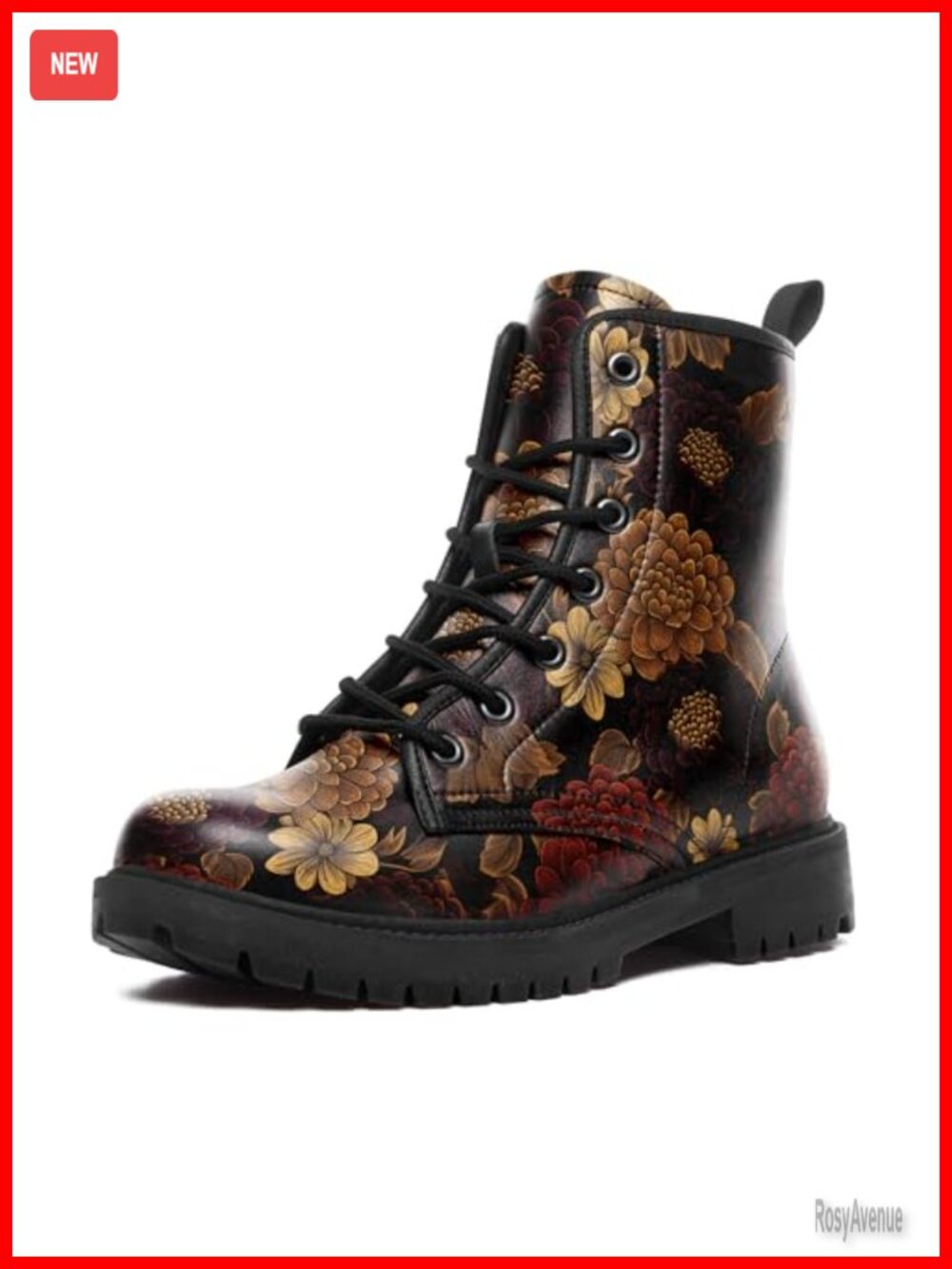 Retro Floral Combat Boots, Lace-Up Ankle Booties with Platform